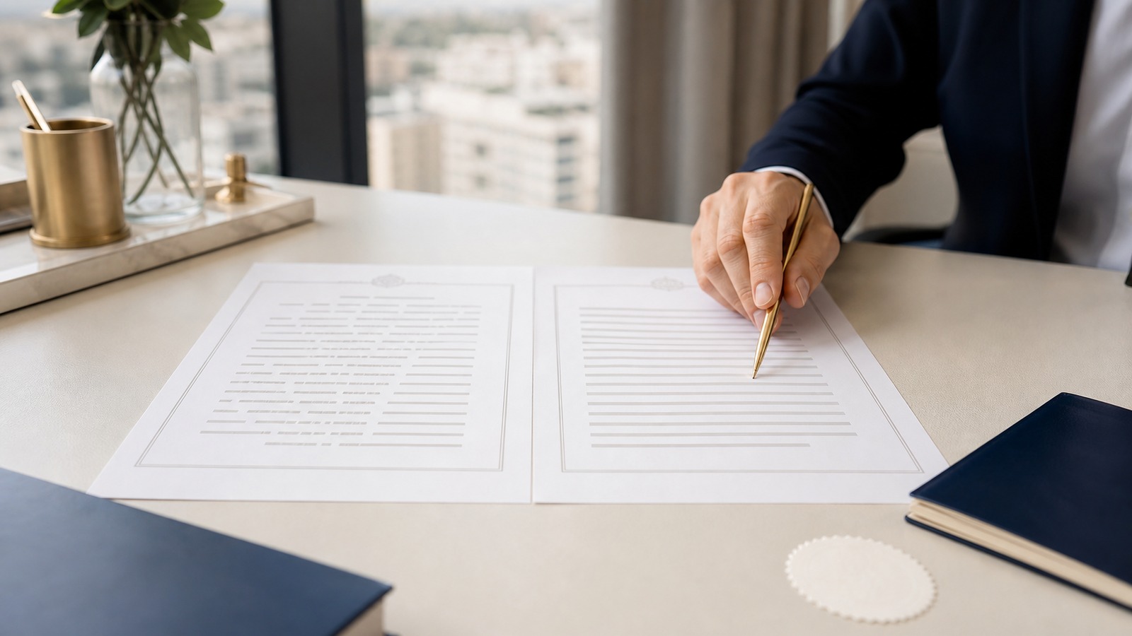 Lawyer comparing Hebrew and English versions of a document for notarial translation and overseas use