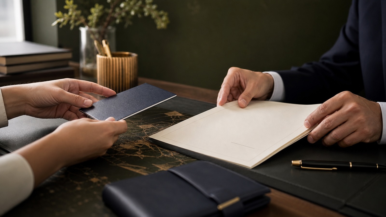Client and lawyer reviewing identification and an unsigned Israeli legal document before notarial signature authentication