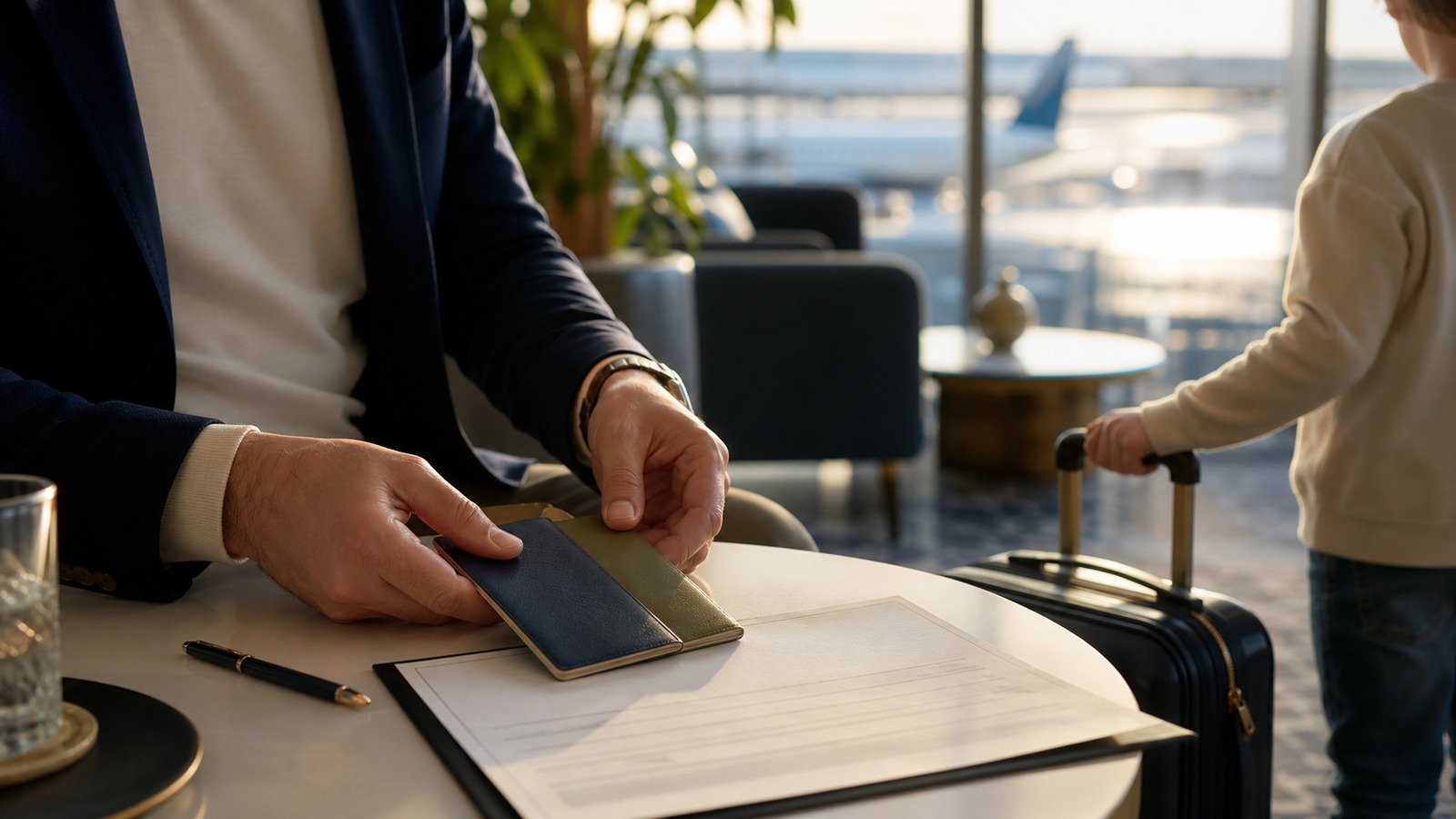 Parent organizing passports and a parental consent document while a child waits with luggage at an airport
