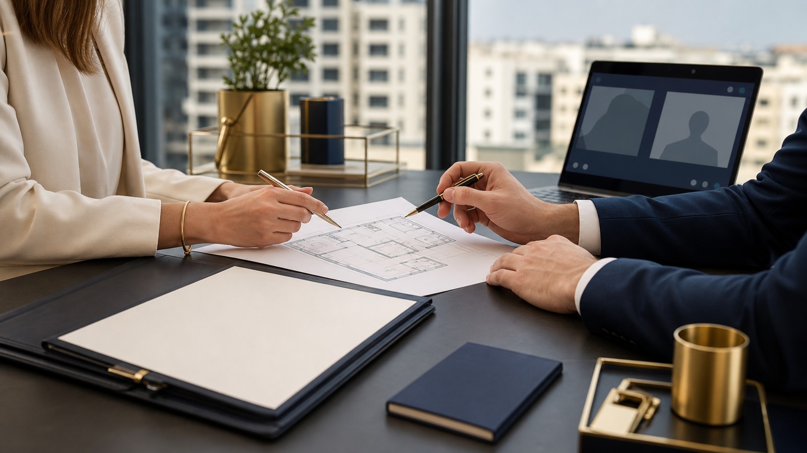 Lawyer and overseas client reviewing an Israeli apartment floor plan during a remote property transaction
