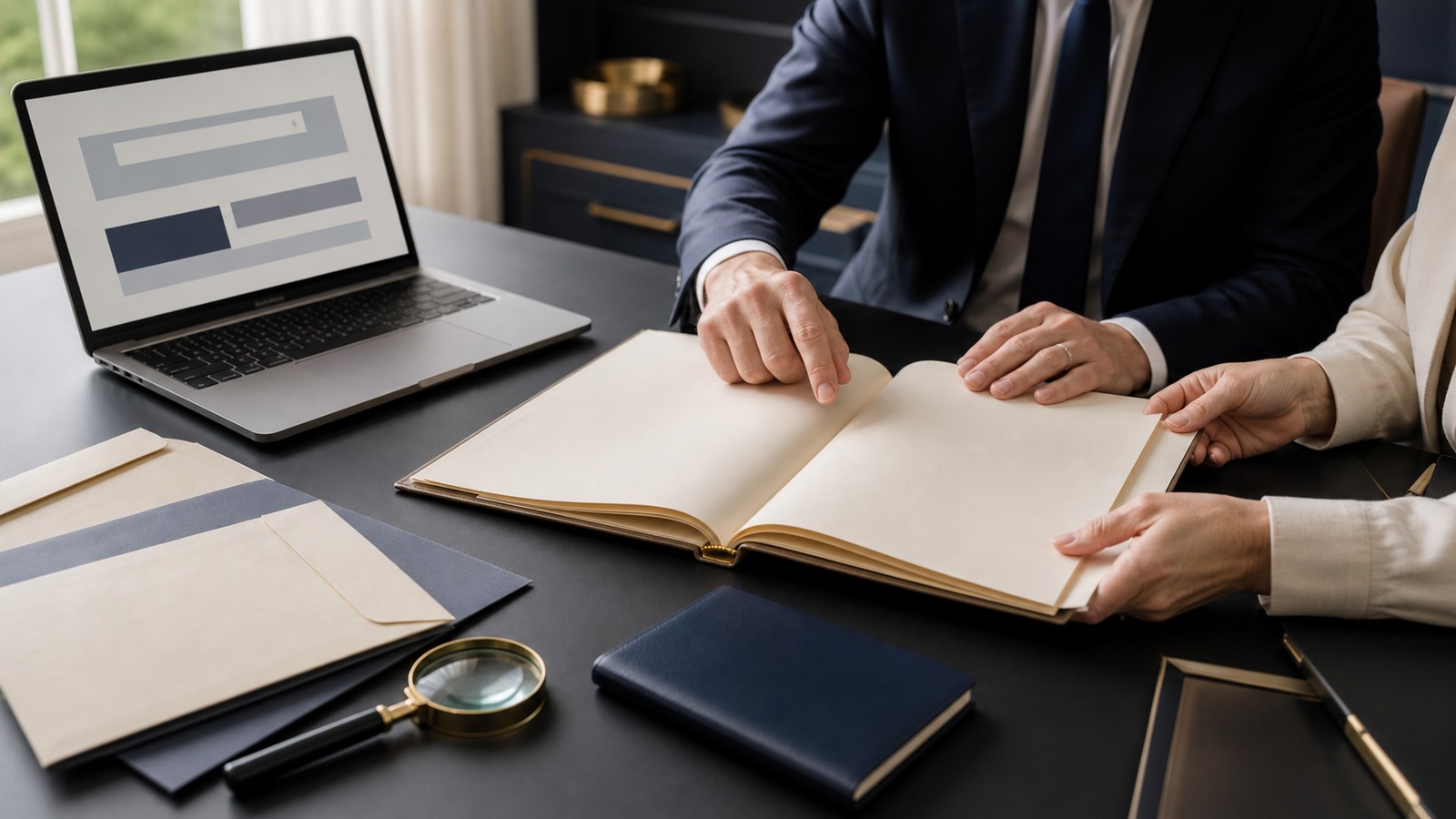 Heir and lawyer reviewing files while searching for a deceased relative’s dormant Israeli financial accounts