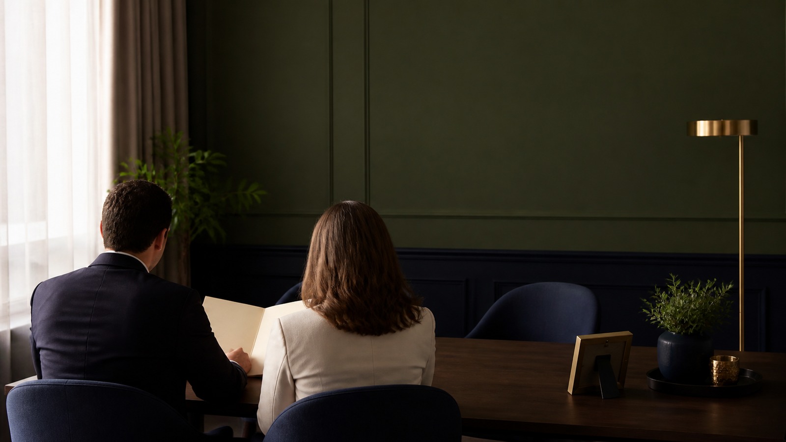 Two adults reviewing a guardianship planning folder beside an empty chair in a calm olive and navy law office