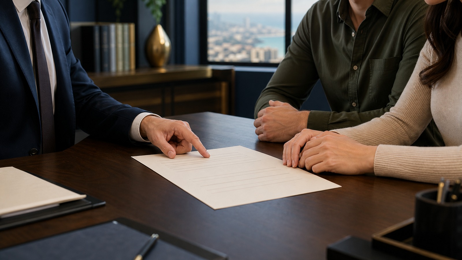 Two partners reviewing a prenuptial financial agreement with a lawyer before Israeli notarial verification